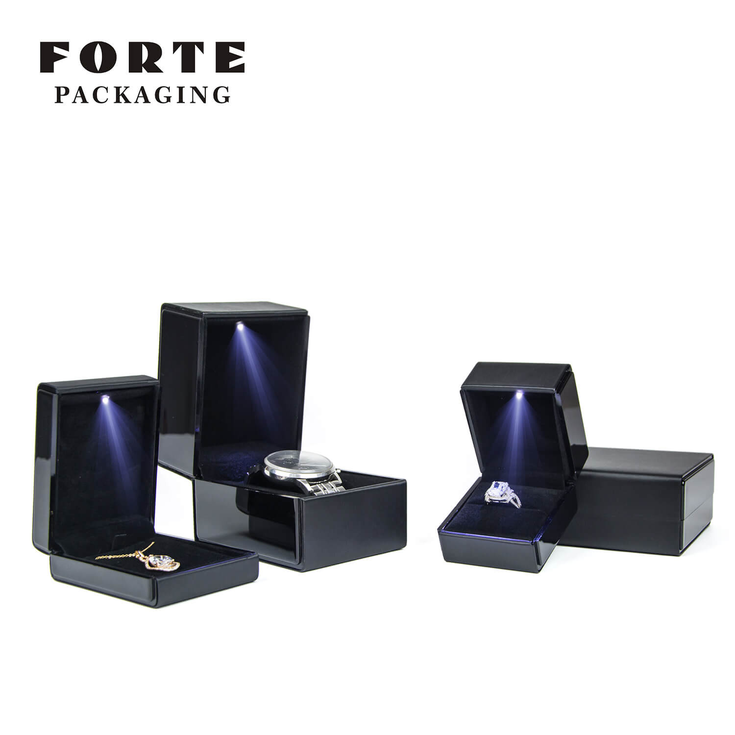 FORTE black piano lacquer LED light box ring pendant watch Jewelry Packaging 
