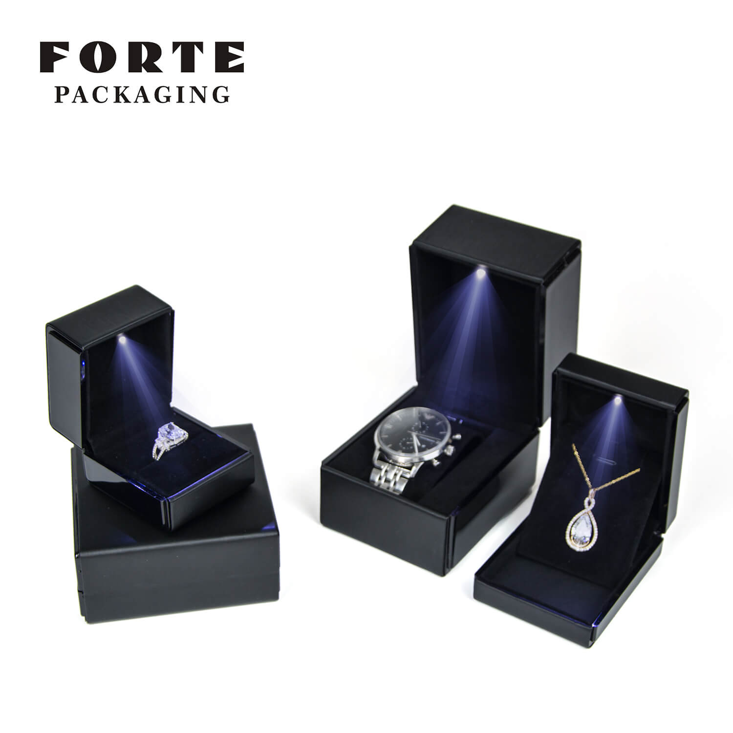 FORTE black piano lacquer LED light box ring pendant watch Jewelry Packaging 