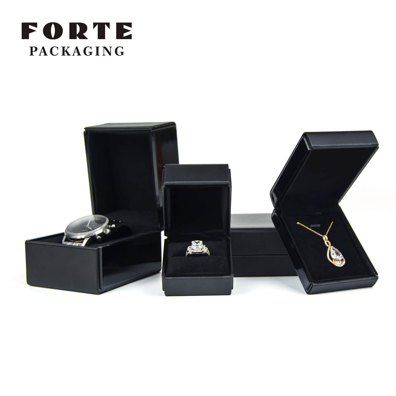 FORTE black piano lacquer printing storage case ring pendant watch Jewelry Packaging without LED light 