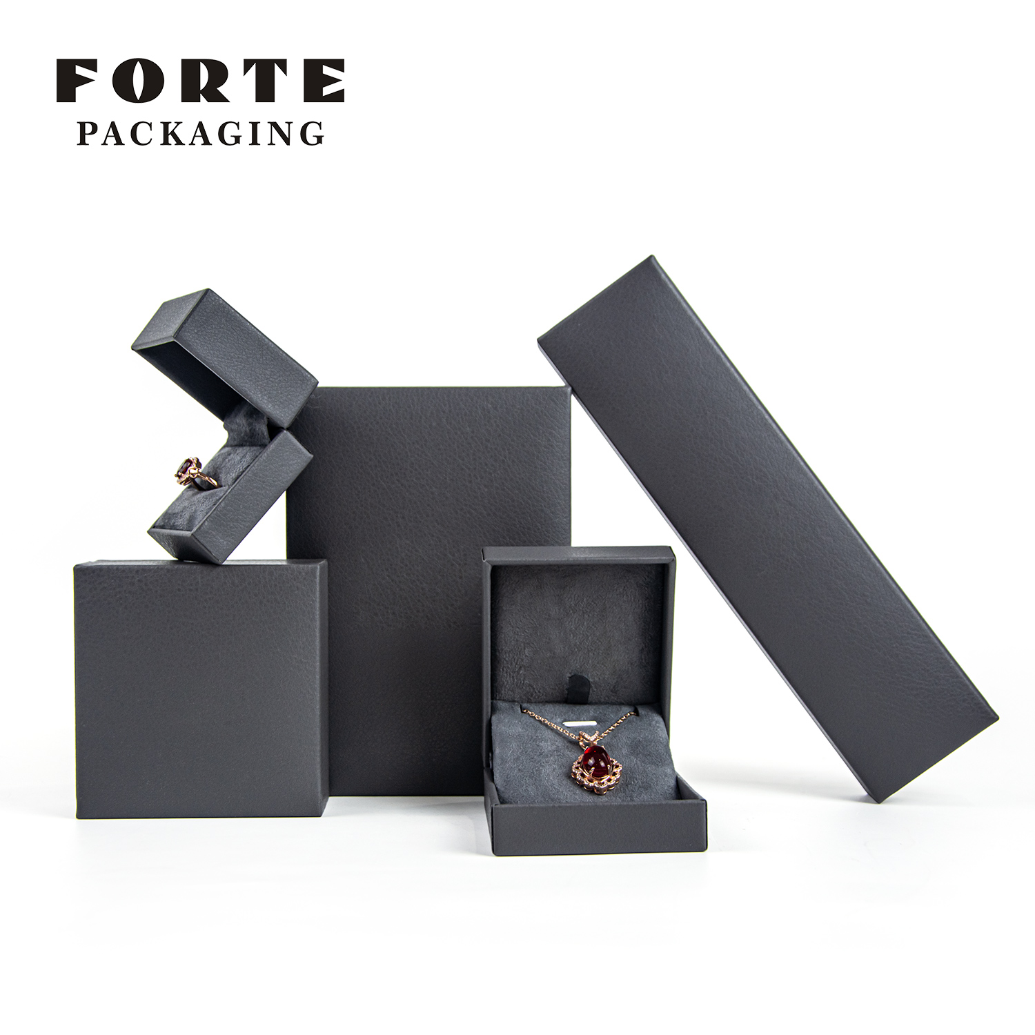 FORTE Luxury custom grey ring pendant necklace bangle bracelet leatherette paper jewelry packaging box 